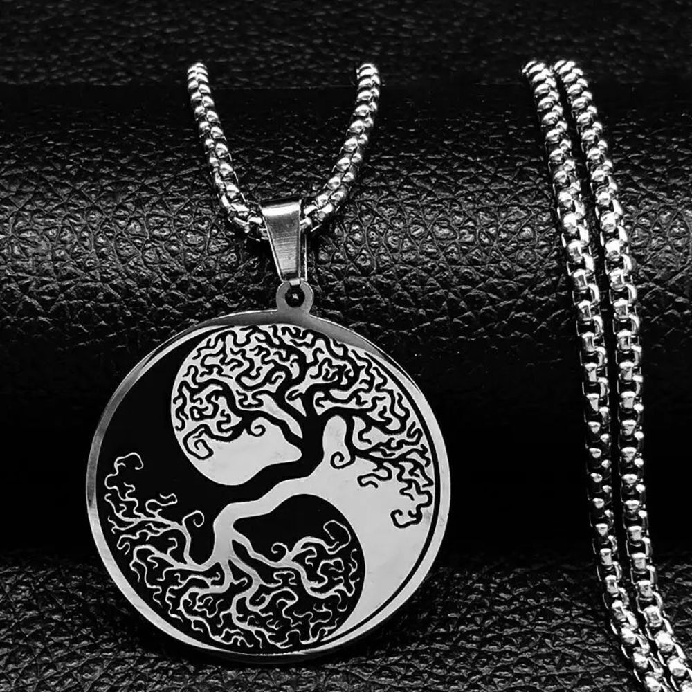 Stainless Steel Black And White Tree Of Life Round Pendant Necklace